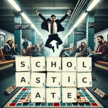 Creative illustration for a Scrabble game with the word SCHOLASTICATE spelled out in tiles on the board.