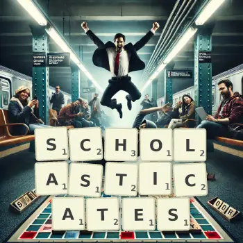 Creative illustration for a Scrabble game with the word SCHOLASTICATES spelled out in tiles on the board.