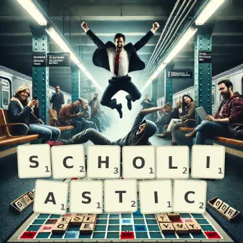 Creative illustration for a Scrabble game with the word SCHOLIASTIC spelled out in tiles on the board.