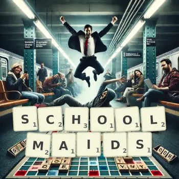 Creative illustration for a Scrabble game with the word SCHOOLMAIDS spelled out in tiles on the board.