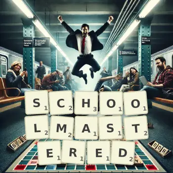 Creative illustration for a Scrabble game with the word SCHOOLMASTERED spelled out in tiles on the board.