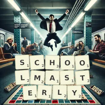 Creative illustration for a Scrabble game with the word SCHOOLMASTERLY spelled out in tiles on the board.