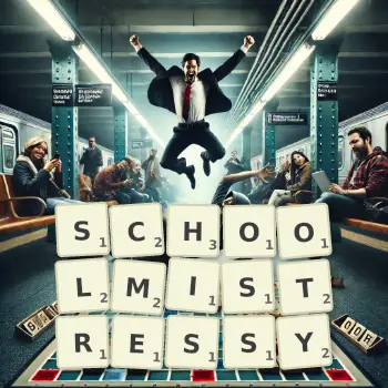 Creative illustration for a Scrabble game with the word SCHOOLMISTRESSY spelled out in tiles on the board.