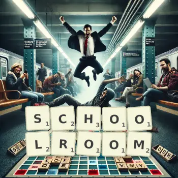 Creative illustration for a Scrabble game with the word SCHOOLROOM spelled out in tiles on the board.
