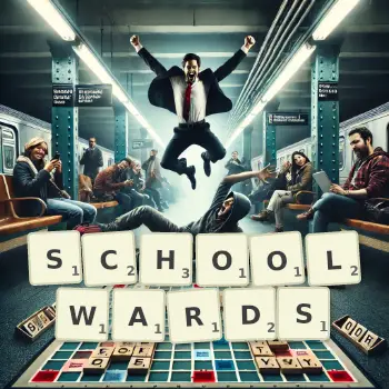 Creative illustration for a Scrabble game with the word SCHOOLWARDS spelled out in tiles on the board.