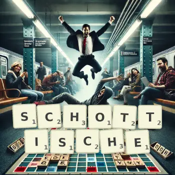 Creative illustration for a Scrabble game with the word SCHOTTISCHE spelled out in tiles on the board.