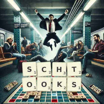 Creative illustration for a Scrabble game with the word SCHTOOKS spelled out in tiles on the board.