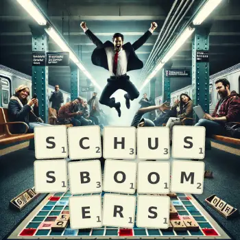 Creative illustration for a Scrabble game with the word SCHUSSBOOMERS spelled out in tiles on the board.