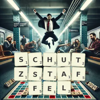 Creative illustration for a Scrabble game with the word SCHUTZSTAFFEL spelled out in tiles on the board.