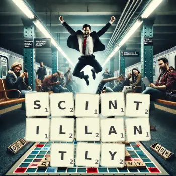 Creative illustration for a Scrabble game with the word SCINTILLANTLY spelled out in tiles on the board.