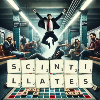 Creative illustration for a Scrabble game with the word SCINTILLATES spelled out in tiles on the board.