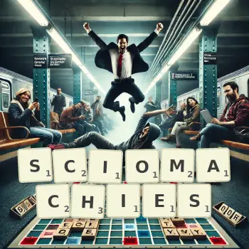 Creative illustration for a Scrabble game with the word SCIOMACHIES spelled out in tiles on the board.