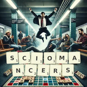 Creative illustration for a Scrabble game with the word SCIOMANCERS spelled out in tiles on the board.