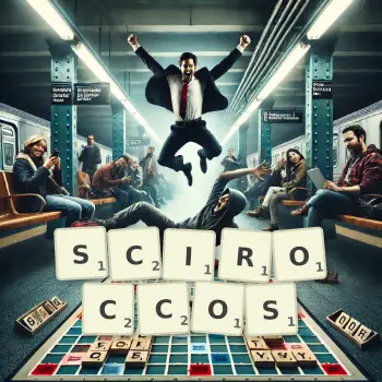 Creative illustration for a Scrabble game with the word SCIROCCOS spelled out in tiles on the board.