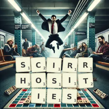 Creative illustration for a Scrabble game with the word SCIRRHOSITIES spelled out in tiles on the board.