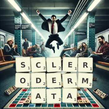 Creative illustration for a Scrabble game with the word SCLERODERMATA spelled out in tiles on the board.