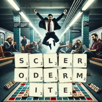 Creative illustration for a Scrabble game with the word SCLERODERMITE spelled out in tiles on the board.