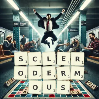 Creative illustration for a Scrabble game with the word SCLERODERMOUS spelled out in tiles on the board.