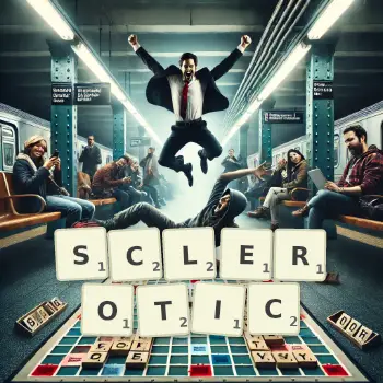 Creative illustration for a Scrabble game with the word SCLEROTIC spelled out in tiles on the board.