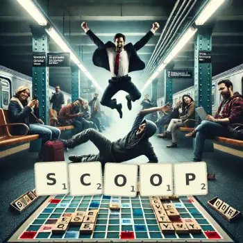 Creative illustration for a Scrabble game with the word SCOOP spelled out in tiles on the board.