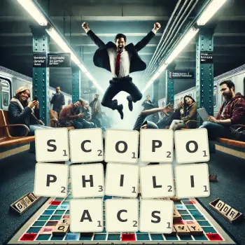 Creative illustration for a Scrabble game with the word SCOPOPHILIACS spelled out in tiles on the board.