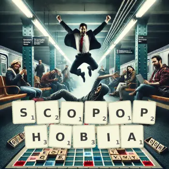 Creative illustration for a Scrabble game with the word SCOPOPHOBIA spelled out in tiles on the board.