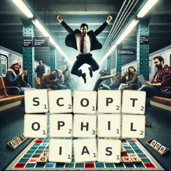 Creative illustration for a Scrabble game with the word SCOPTOPHILIAS spelled out in tiles on the board.