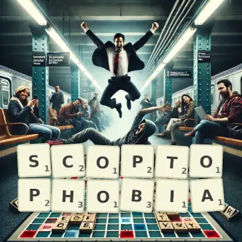 Creative illustration for a Scrabble game with the word SCOPTOPHOBIA spelled out in tiles on the board.