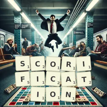 Creative illustration for a Scrabble game with the word SCORIFICATION spelled out in tiles on the board.