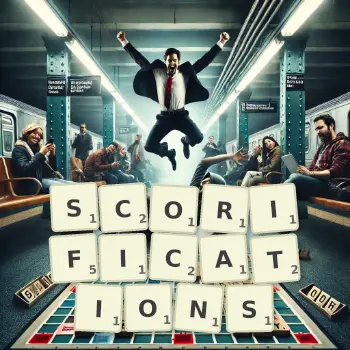 Creative illustration for a Scrabble game with the word SCORIFICATIONS spelled out in tiles on the board.