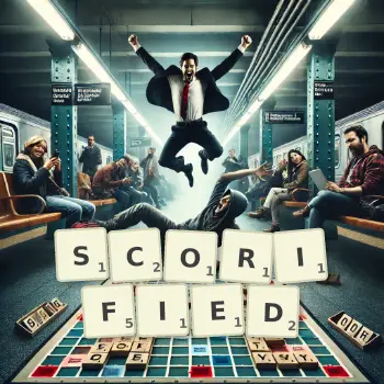 Creative illustration for a Scrabble game with the word SCORIFIED spelled out in tiles on the board.