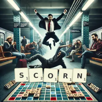 Creative illustration for a Scrabble game with the word SCORN spelled out in tiles on the board.