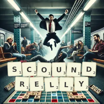 Creative illustration for a Scrabble game with the word SCOUNDRELLY spelled out in tiles on the board.