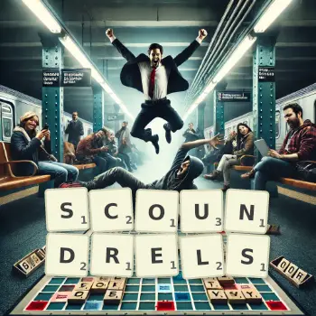 Creative illustration for a Scrabble game with the word SCOUNDRELS spelled out in tiles on the board.