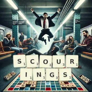 Creative illustration for a Scrabble game with the word SCOURINGS spelled out in tiles on the board.