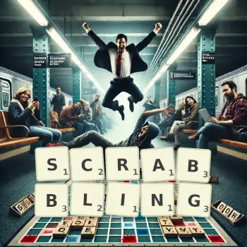 Creative illustration for a Scrabble game with the word SCRABBLING spelled out in tiles on the board.