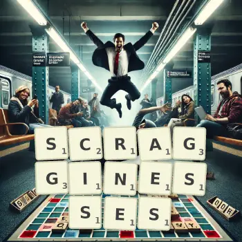 Creative illustration for a Scrabble game with the word SCRAGGINESSES spelled out in tiles on the board.