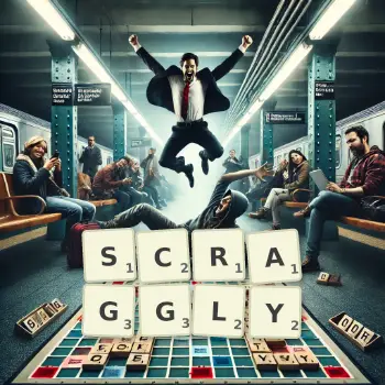 Creative illustration for a Scrabble game with the word SCRAGGLY spelled out in tiles on the board.