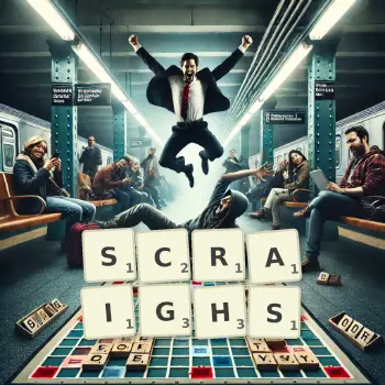 Creative illustration for a Scrabble game with the word SCRAIGHS spelled out in tiles on the board.