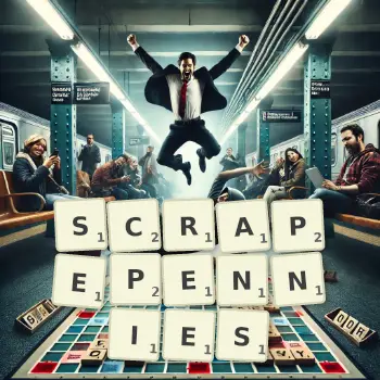 Creative illustration for a Scrabble game with the word SCRAPEPENNIES spelled out in tiles on the board.
