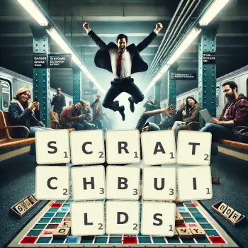 Creative illustration for a Scrabble game with the word SCRATCHBUILDS spelled out in tiles on the board.
