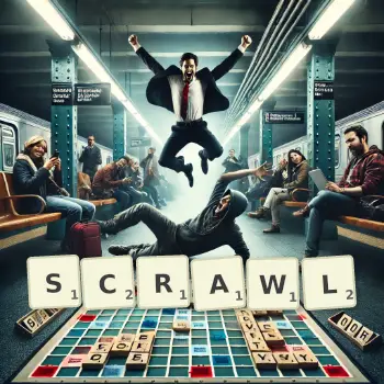 Creative illustration for a Scrabble game with the word SCRAWL spelled out in tiles on the board.