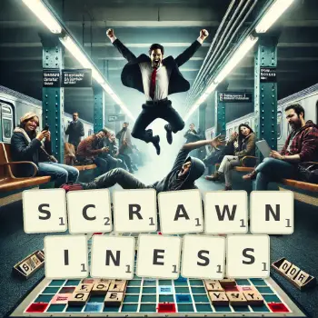 Creative illustration for a Scrabble game with the word SCRAWNINESS spelled out in tiles on the board.