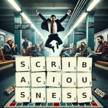 Creative illustration for a Scrabble game with the word SCRIBACIOUSNESS spelled out in tiles on the board.