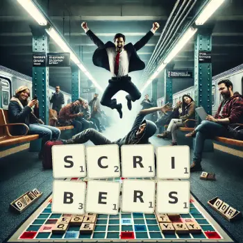Creative illustration for a Scrabble game with the word SCRIBERS spelled out in tiles on the board.