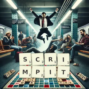 Creative illustration for a Scrabble game with the word SCRIMPIT spelled out in tiles on the board.