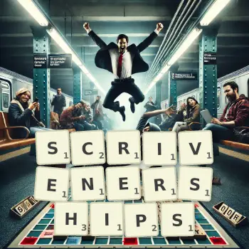 Creative illustration for a Scrabble game with the word SCRIVENERSHIPS spelled out in tiles on the board.