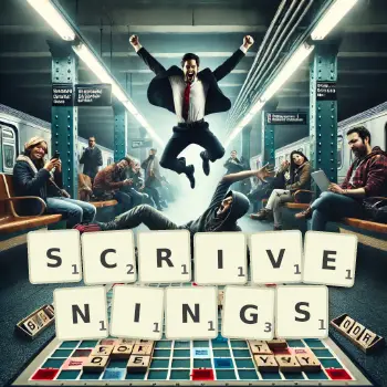 Creative illustration for a Scrabble game with the word SCRIVENINGS spelled out in tiles on the board.