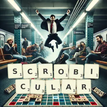 Creative illustration for a Scrabble game with the word SCROBICULAR spelled out in tiles on the board.