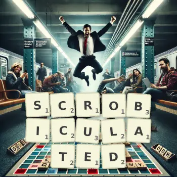 Creative illustration for a Scrabble game with the word SCROBICULATED spelled out in tiles on the board.